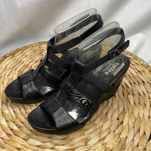 Umberto raffini Signature black, leather, and elastic wedge sandals